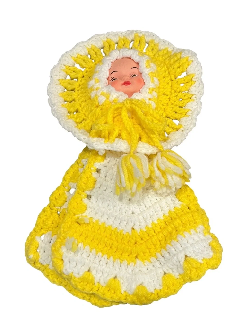 Vintage Handmade Crochet Knit Doll Face Pot Holders Yellow White Kitchen Decor